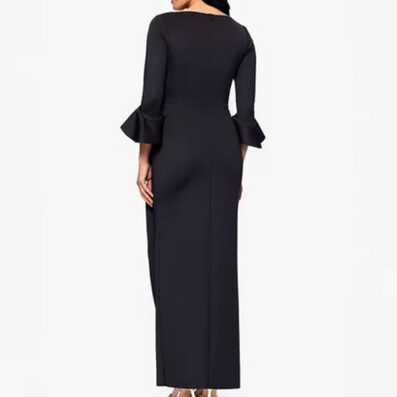 Betsy & Adam Black Ruffle Sleeve Faux Wrap Gown